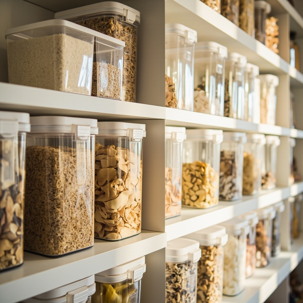 Pantry shelves with clear bins grouped by zone showing visible contents