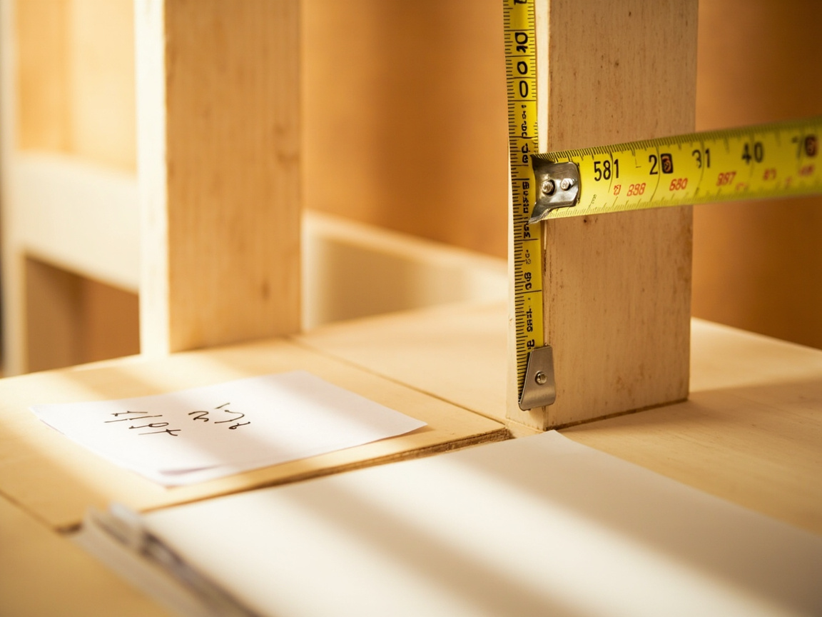 Tape measure measuring wall stud spacing and door thickness with notepad showing weight rating for hooks
