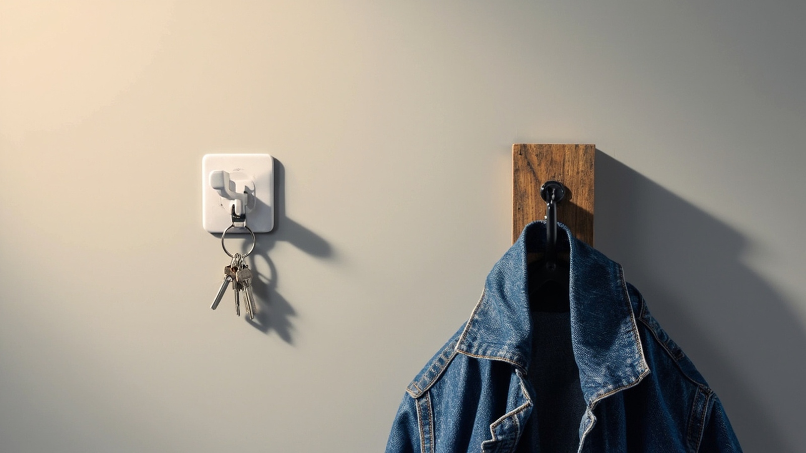 Side-by-side comparison of a small Command hook holding keys next to a heavy-duty garage hook holding a bicycle
