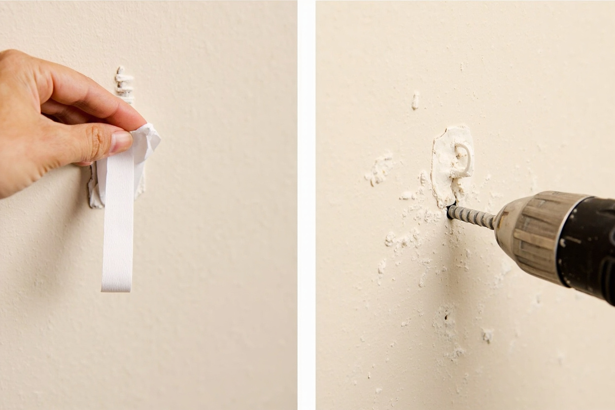 Side-by-side comparison of a Command adhesive hook being removed without damage vs a screw-mounted hook requiring drilling