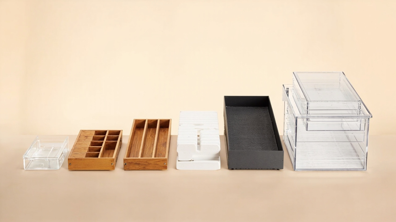 Five drawer organizer types side by side: clear plastic, bamboo, expandable dividers, mesh, and acrylic modular