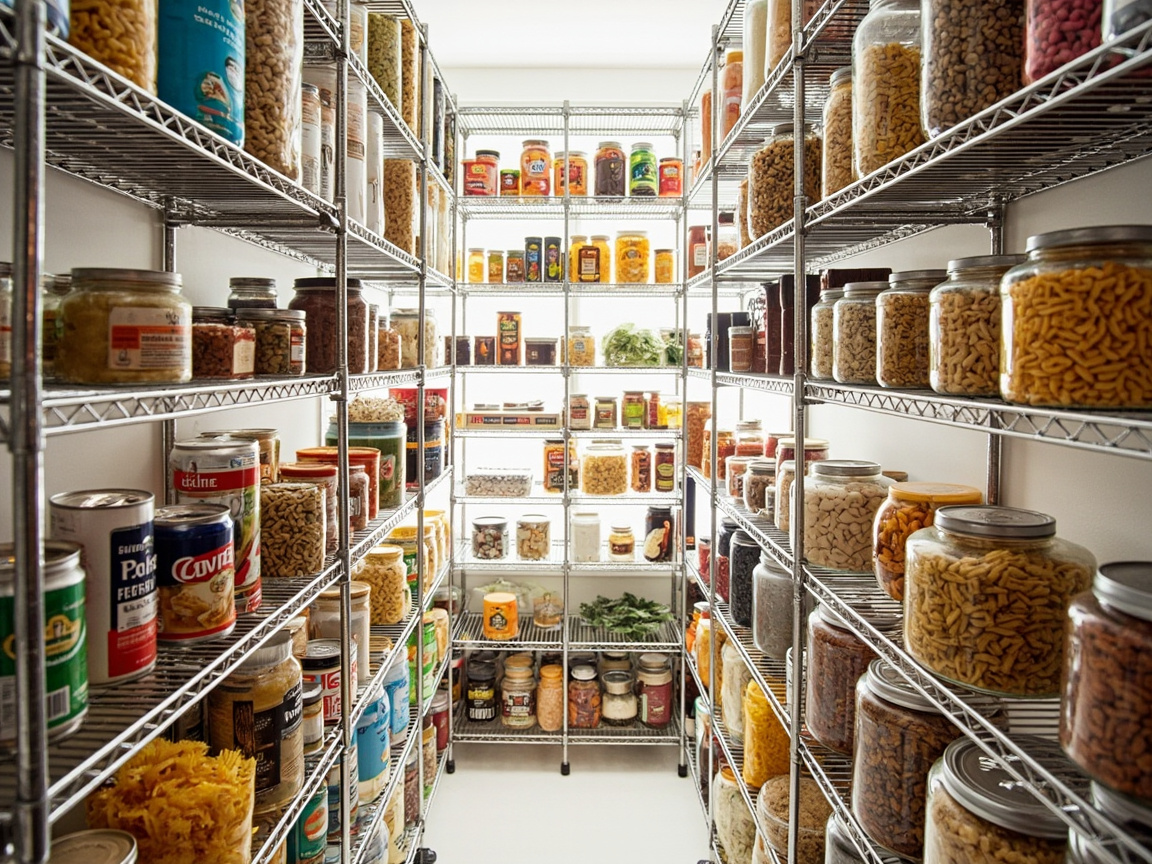 Walk-in pantry with metal risers organizing cans and dry goods on adjustable wire shelving