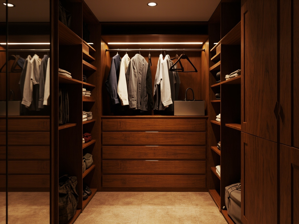 Walk-in closet with wood closet system featuring tower with wooden drawers, hanging rod, and side shelves