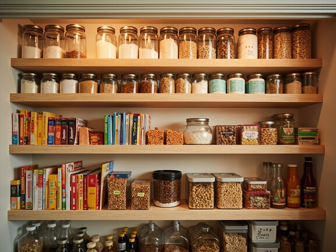 Top-down view of pantry shelf divided into five functional zones for organization