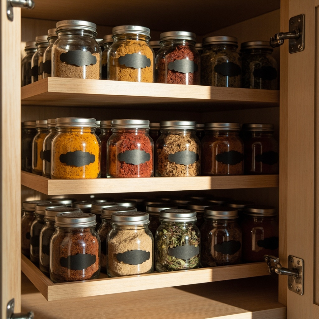 Tiered spice rack in cabinet showing three visible rows of spice jars