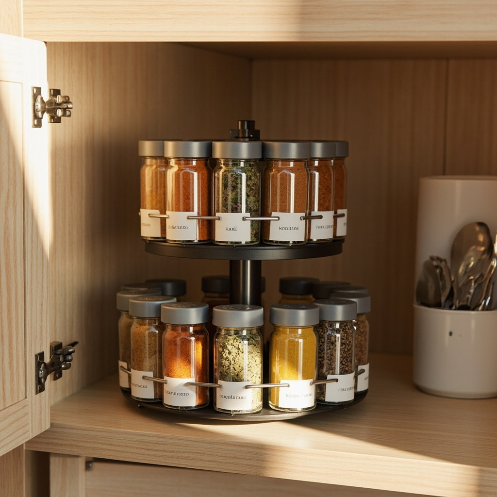 Rotating lazy susan spice rack in corner cabinet showing two-tier arrangement