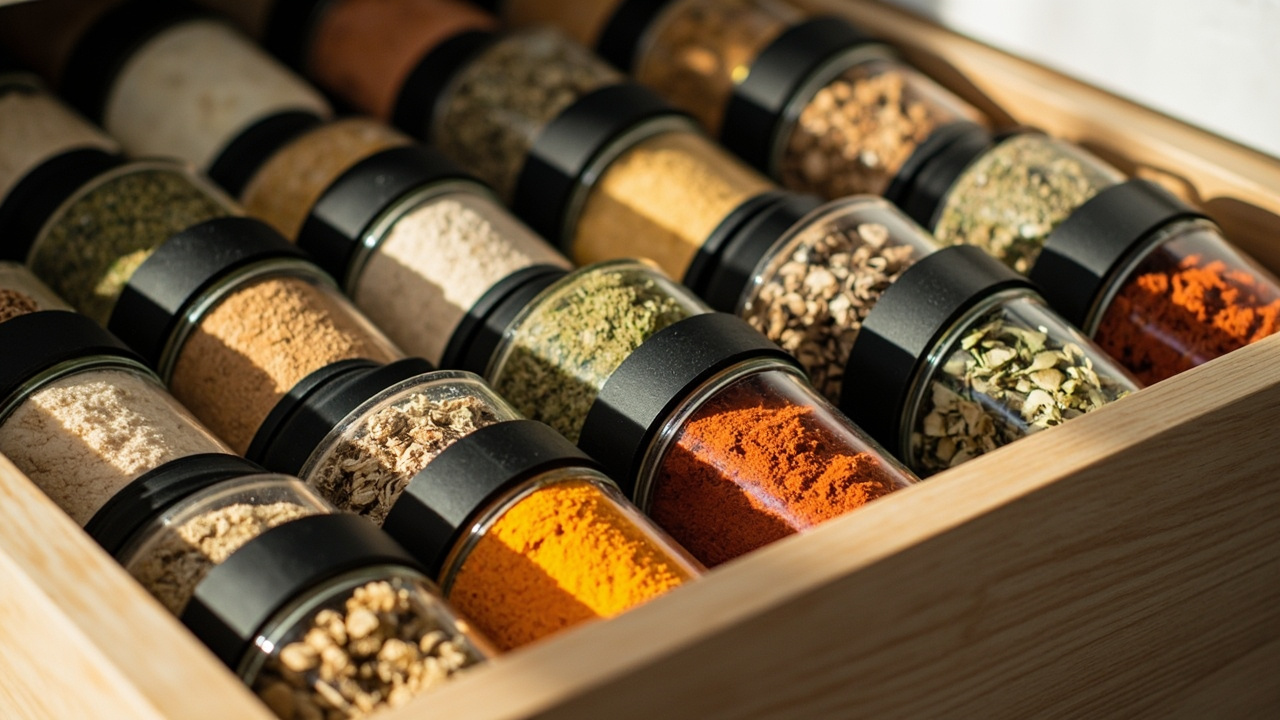 Spice jar collection in matching glass jars with chalkboard labels neatly arranged in drawer insert