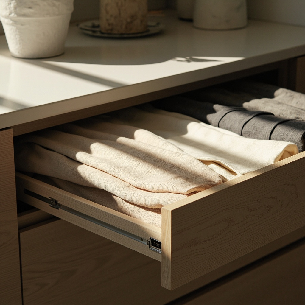 Kitchen counter showing decluttering process with items being sorted into labeled quadrants