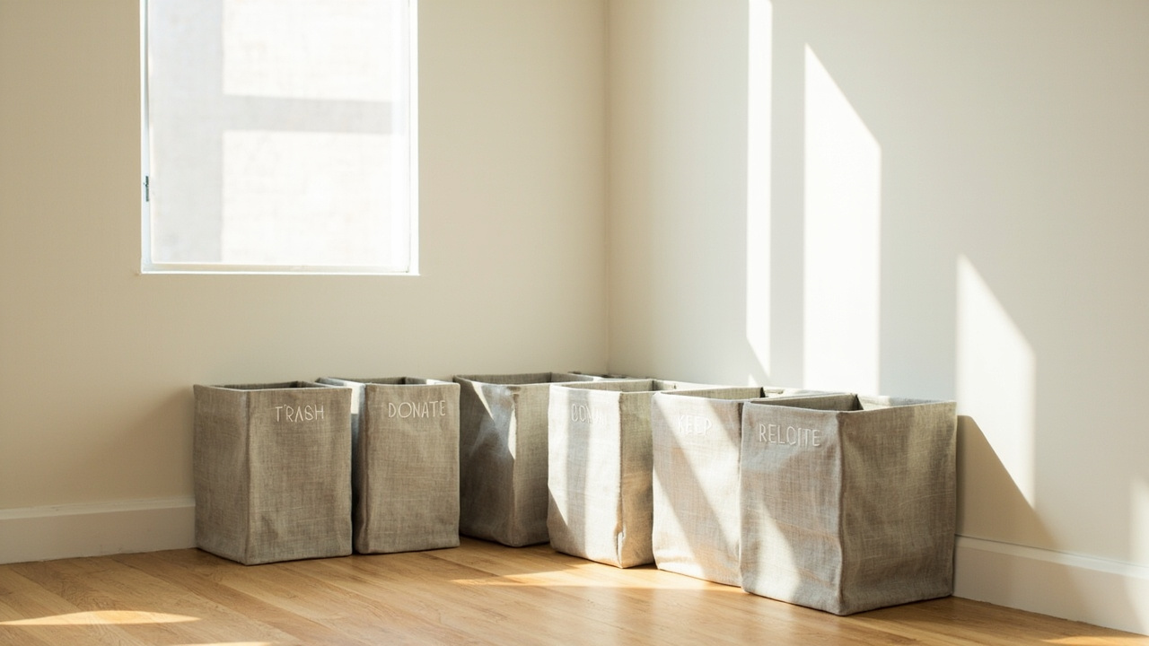 Four labeled bins in living room corner showing trash donate keep relocate quadrants
