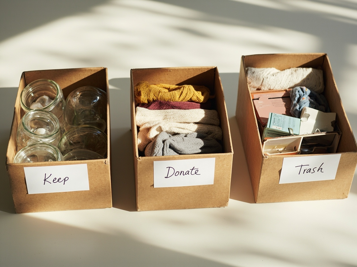 Items sorted into three labeled boxes — Keep, Donate, Trash — illustrating the declutter-first principle before labeling