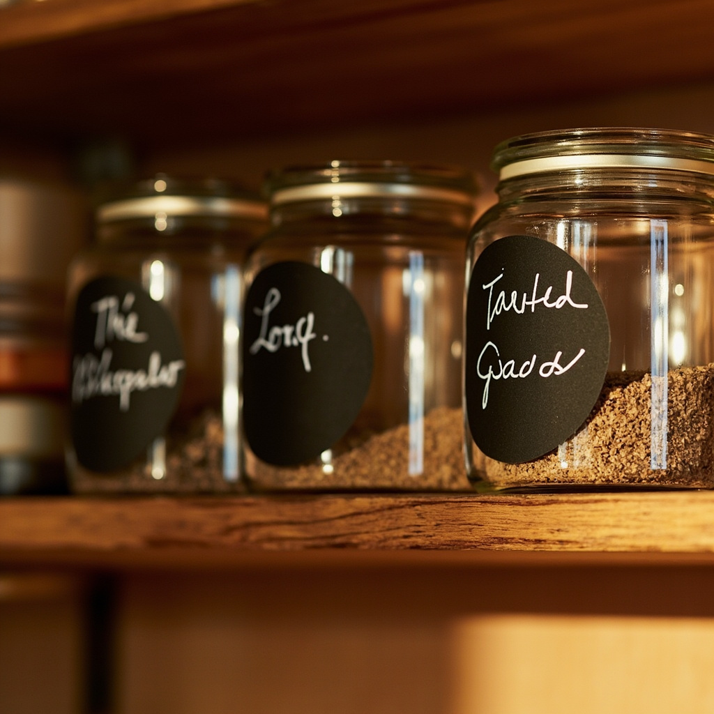 Glass pantry jars with waterproof chalkboard labels showing common staples like Sugar, Coffee, Tea