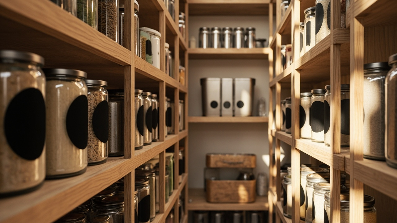 Walk-in pantry with uniformly labeled glass jars organized into baking, snacks, grains, and canned goods zones