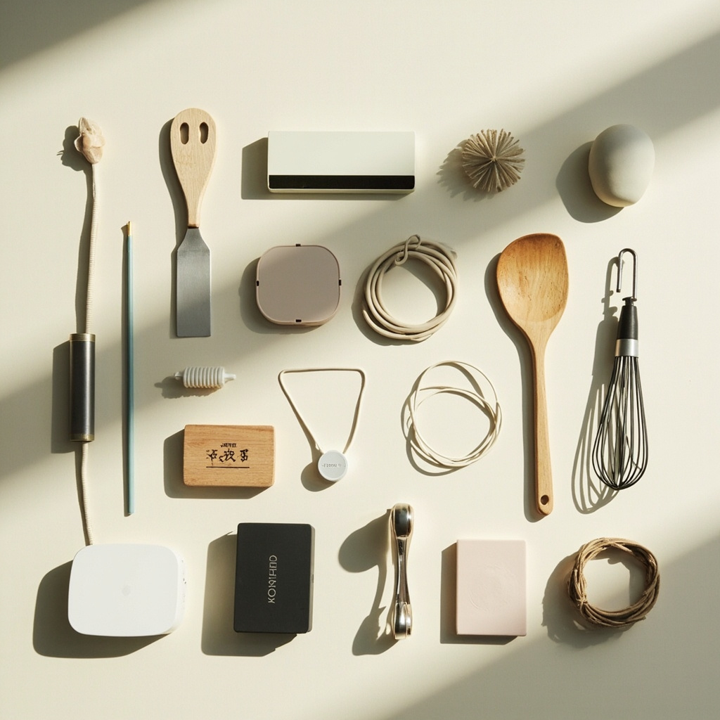 Diverse collection of household items in komono category showing kitchen tools electronics and decor