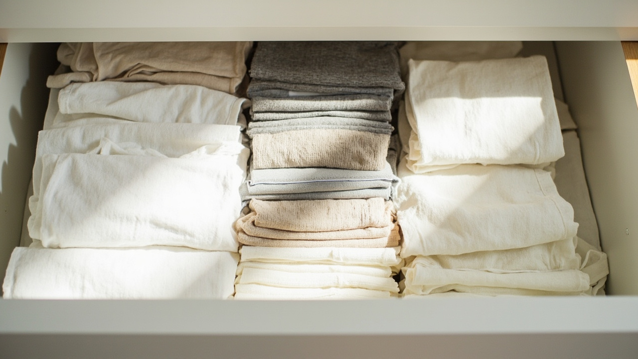 Tidy KonMari folded clothes vertically stacked in dresser drawer