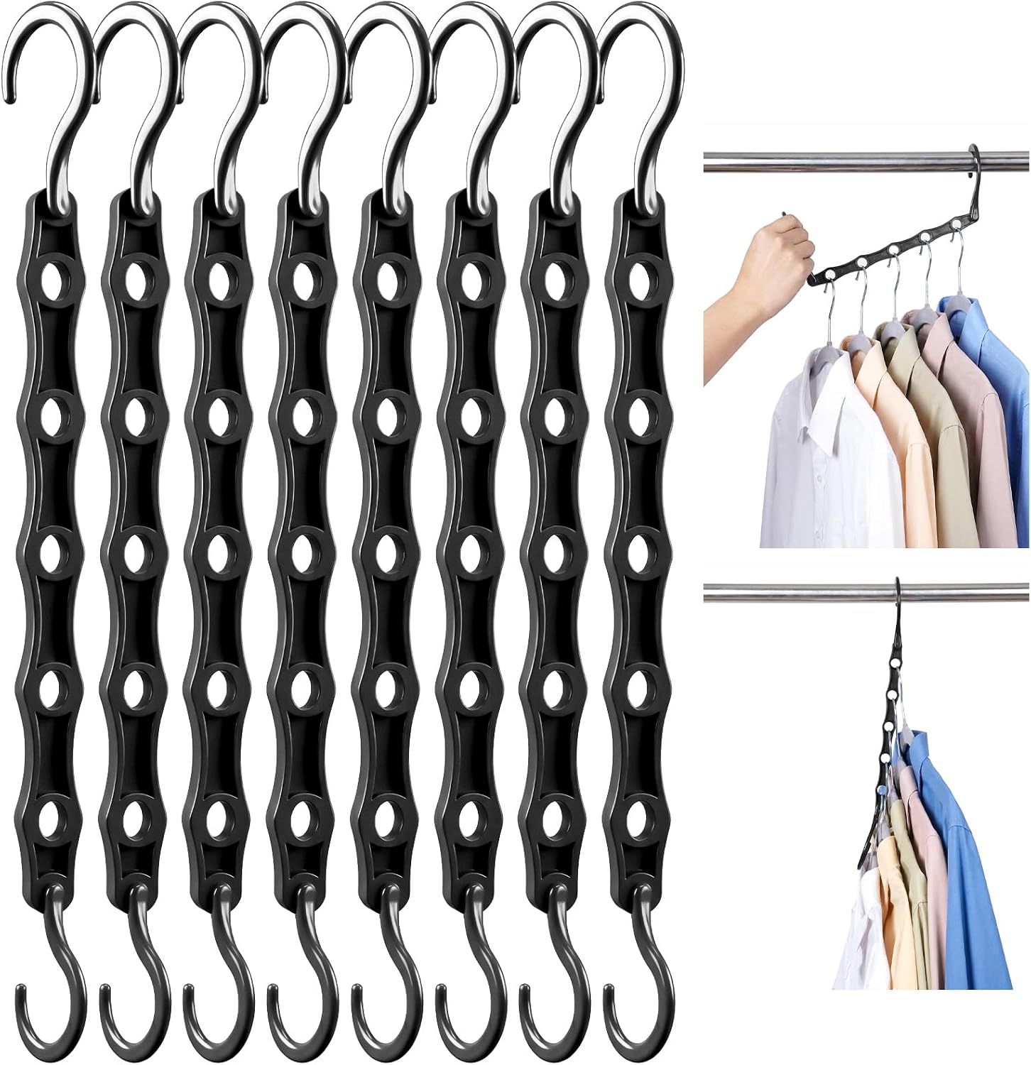 Cascading hangers stacking multiple garments on one closet rod hook